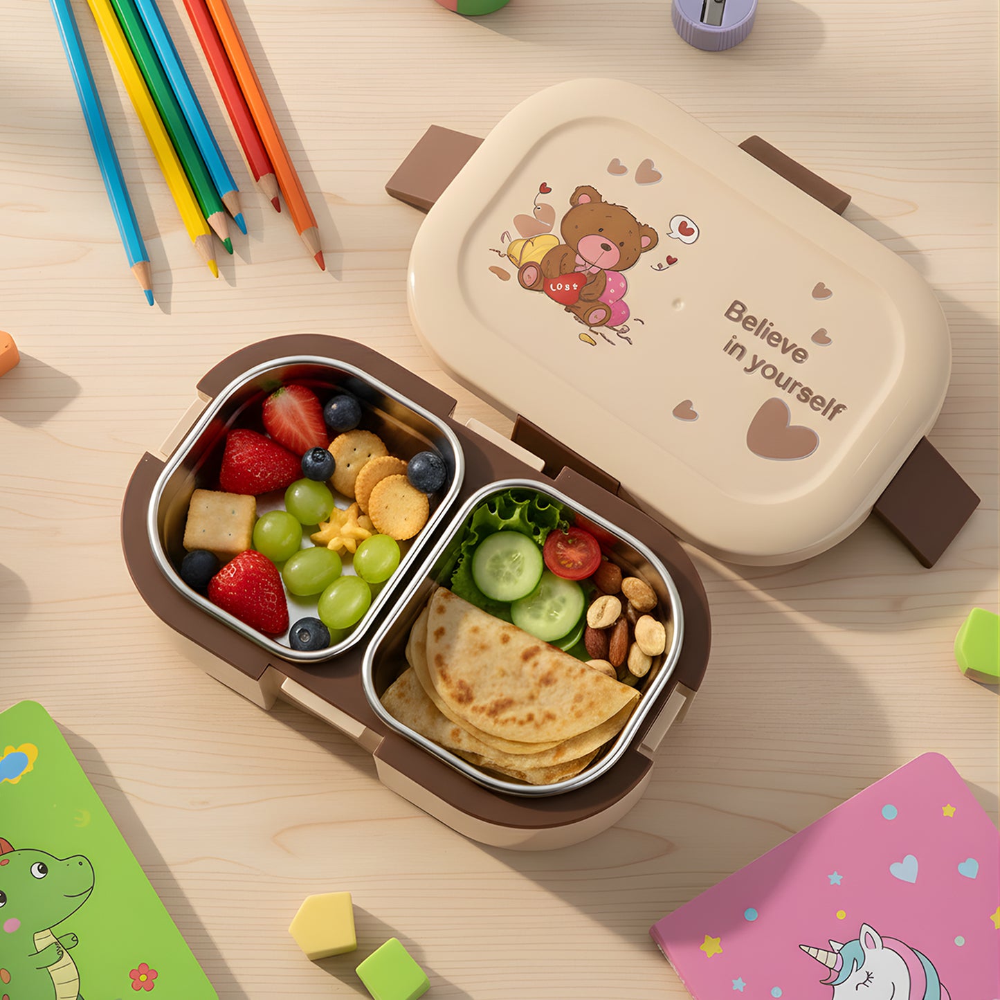 Cute Teddy Printed Kids Lunch Box (500ml 1 Pc)