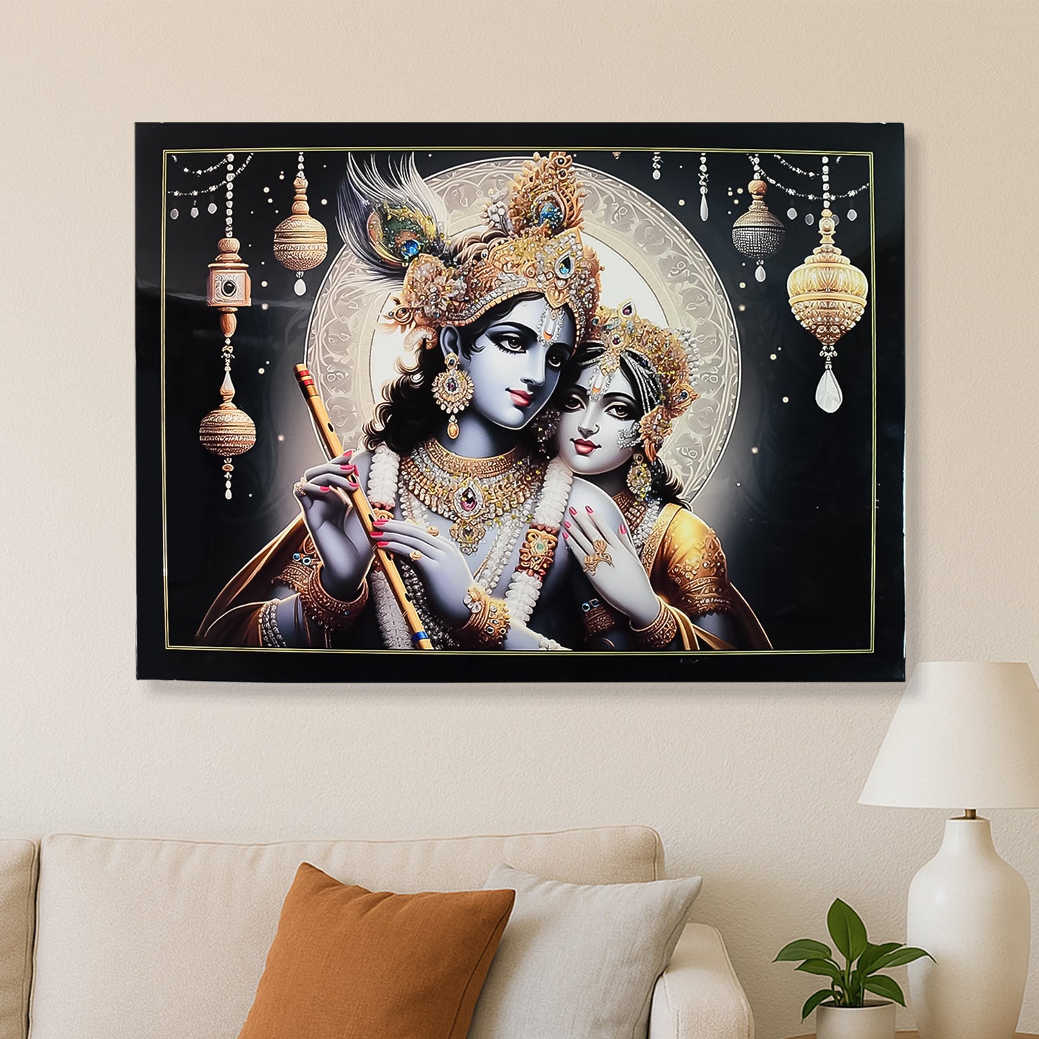 Lord Krishna And Radha Wall Painting With Wooden Frame 60x45 Cm Approx (1 Pc  Mix Design)